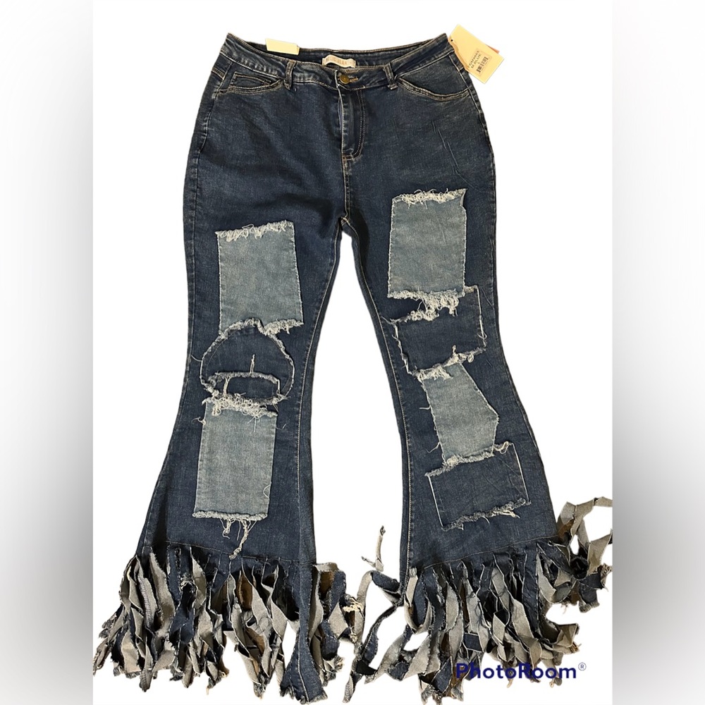 NEW Patchwork Denim Jeans with Fringe bottom - SIZE LARGE